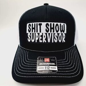 Shit show supervisor black on white SnapBack mesh hat patch